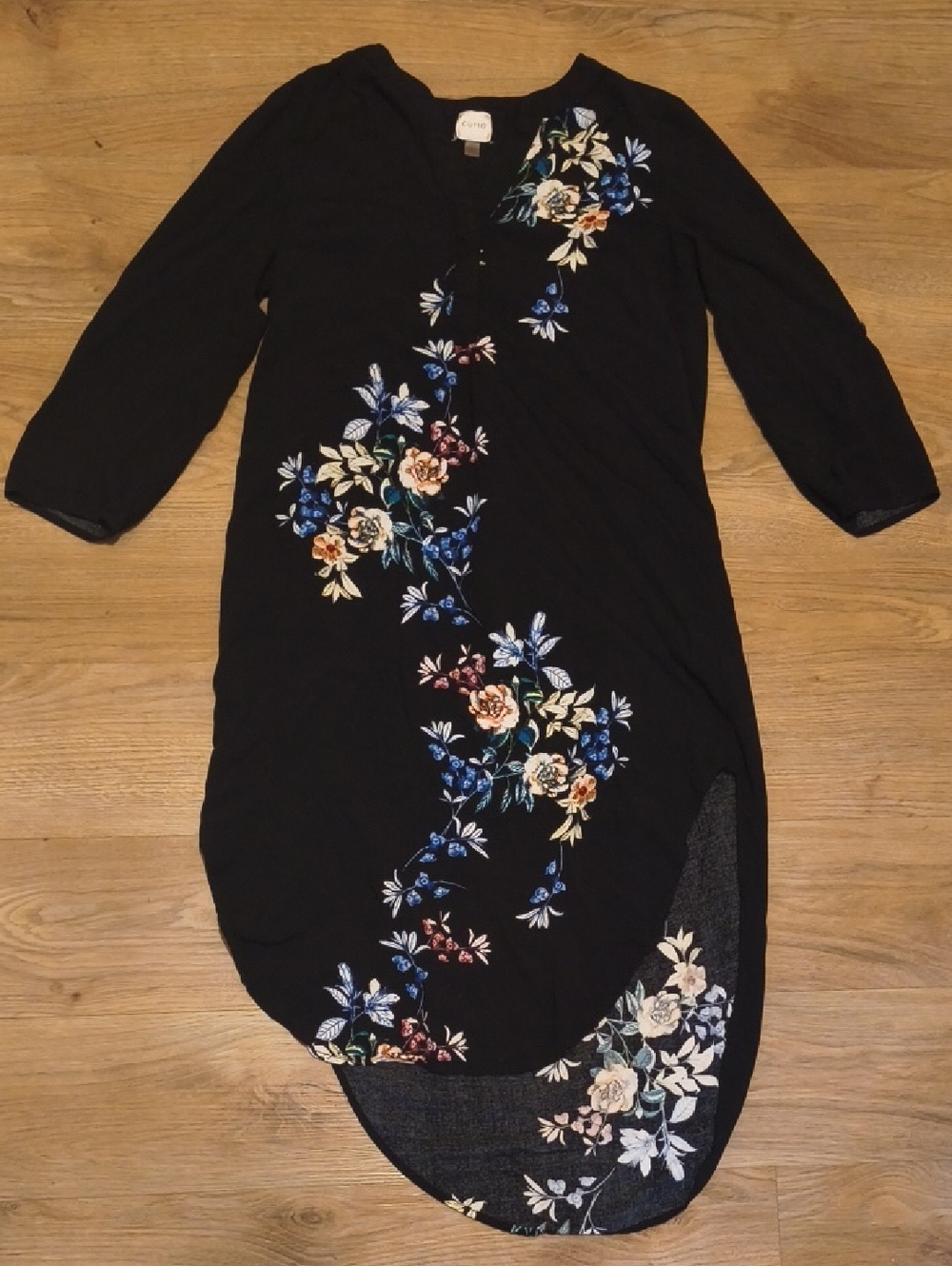 Cupio Black High-Low Dress with Multicolor Floral Embroidery
